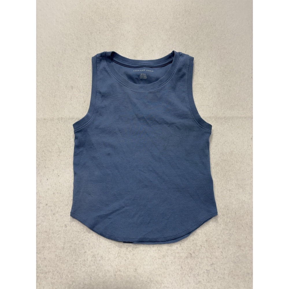 American Eagle Outfitters Tank Womens Medium Blue Crew Neck Ribbed Knit Basic